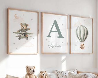 Set of 3 Personalised Teddy Bear Nursery Prints, Bedroom Wall Art, Sage Green Nursery Decor, Name Print