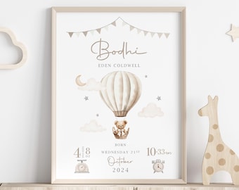 New Baby Boy Girl Personalised Gift | Birth Details Print | Newborn Baby Keepsake | Teddy Bear Nursery Print
