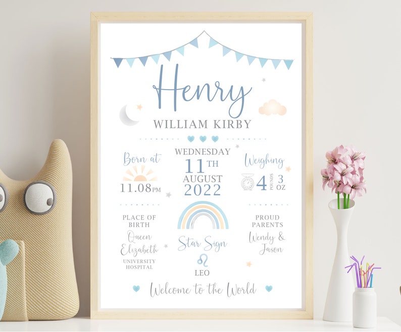 May include: A framed birth announcement with a light wood frame. The announcement features the name "Henry" in blue script, along with details like birth date, time, weight (4 pounds 3 ounces), and parents' names. Decorative elements include a rainbow and bunting.