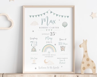 New Baby Personalised Gift | Birth Details Print | Baby Keepsake | Neutral Nursery Decor | Sage Green Nursery Print