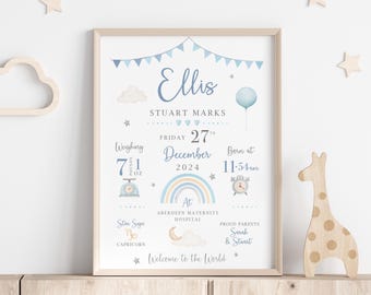 Personalised New Baby Boy Gift, Birth Stats Details Print, Boys Nursery Print Decor, Newborn Baby Keepsake