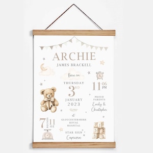 May include: A personalized baby birth announcement print with the name "ARCHIE" at the top. The print includes the baby's birth date, time, weight (7 lbs 11 oz), and star sign, Capricorn. The print is framed with a wooden hanger.
