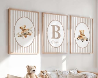 Set of 3, Personalised Prints for a Baby Boy Nursery, Teddy Bear Prints, Vintage Nursery Posters, Boys Bedroom, Neutral Beige Nursery