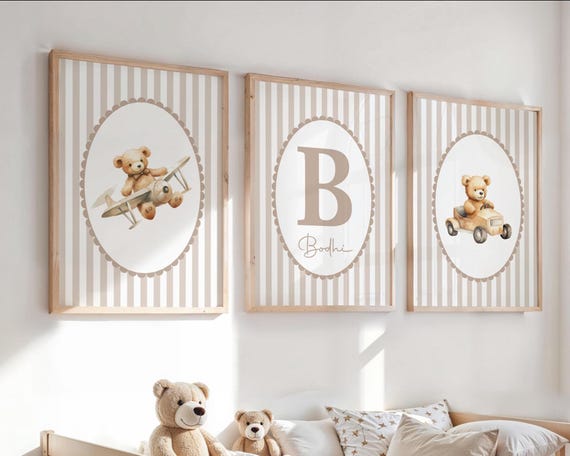 Set of 3, Personalised Prints for a Baby Boy Nursery, Teddy Bear Prints, Vintage Nursery Posters, Boys Bedroom, Neutral Beige Nursery