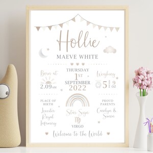 May include: A framed birth announcement with a neutral color palette. The design includes the baby's name, birth date, time, weight (5 pounds 9 ounces), place of birth, and parents' names. Decorative elements include a rainbow, stars, and clouds.