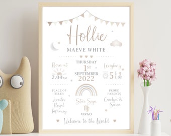 Personalised Nursery Print | Birth Details Gift | Keepsake Print | New Baby Gift | Neutral Nursery | On the day you were born