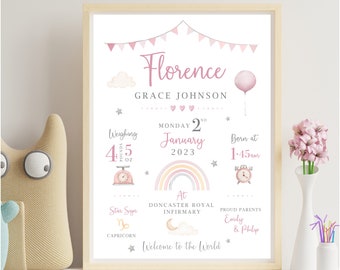New Baby Personalised Print | Birth Details Gift | Keepsake Print | New Baby Gift | New Baby Girl | Newborn Gift