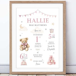 Personalised Teddy Bear Birth Print: New Baby Keepsake, Neutral Nursery Decor (Digital PDF Option Available) Pink