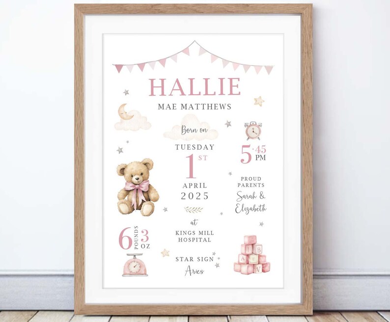 Personalised Teddy Bear Birth Print: New Baby Keepsake, Neutral Nursery Decor (Digital PDF Option Available) Pink