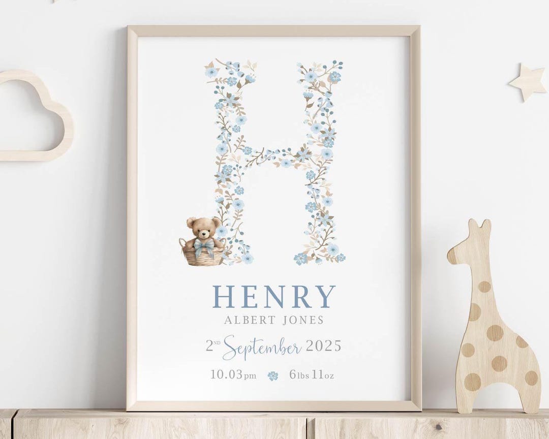 Personalised Birth Details Print | New Baby Boy Gift | Teddy Bear ...