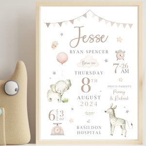 May include: A framed nursery print with the name "Jesse". The print includes watercolor illustrations of a baby elephant, zebra, and balloon, plus birth details: date, time, weight (2.8 kg), and parents' names. The print is decorated with stars.