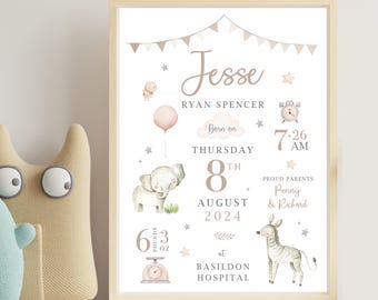Personalised New Baby Gift, Birth Stats Print, Nursery Decor, Keepsake Gift, Safari Nursery Print