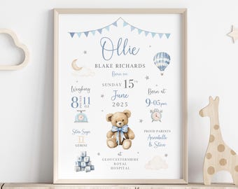 Personalised Baby Birth Stats Print: New Baby Keepsake Gift, Boys Teddy Bear Nursery Decor