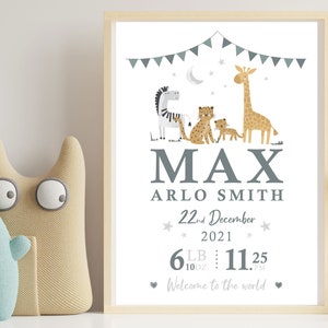 New baby personalised print baby name print nursery print new baby gift Birth details Gift Newborn Gift Blue