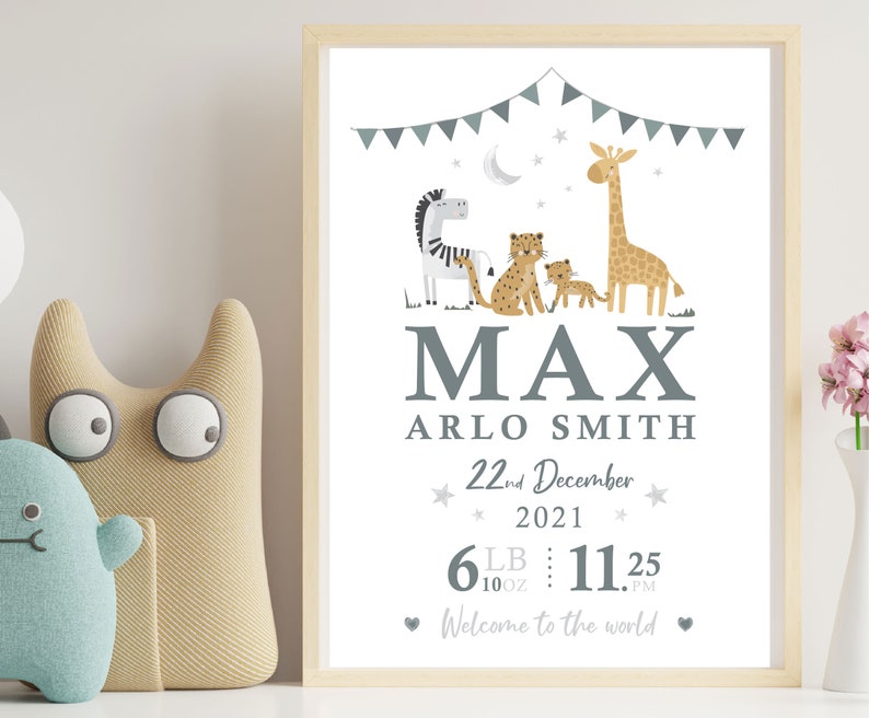 New baby personalised print baby name print nursery print new baby gift Birth details Gift Newborn Gift Blue