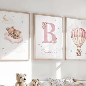 パーソナライズされたテディベアの子供部屋用プリント3枚セット、寝室の壁アート、ピンクの子供部屋、名前入りプリント