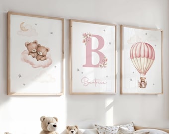 Set of 3 Personalised Teddy Bear Nursery Prints, Bedroom Wall Art, Pink Nursery, Name Print