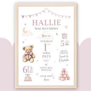 May include: A framed baby announcement print with a light wood frame. The print features the name "Hallie" in pink, along with birth details, a teddy bear, and other decorative elements. The baby weighed 6.3 ounces.