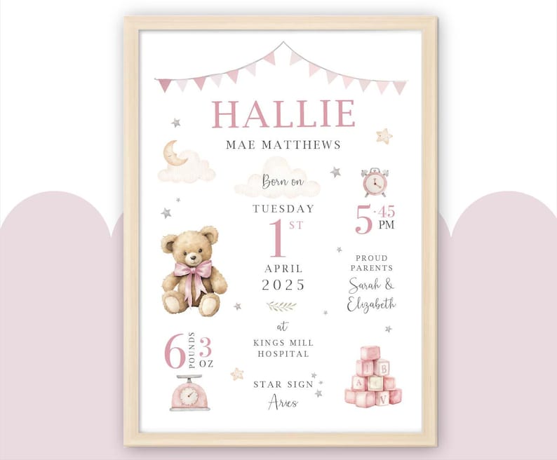 May include: A framed baby announcement print with a light wood frame. The print features the name "Hallie" in pink, along with birth details, a teddy bear, and other decorative elements. The baby weighed 6.3 ounces.