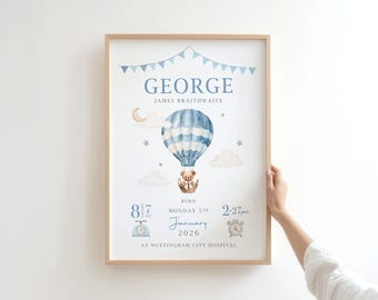 New Baby Boy Personalised Gift | Teddy Bear Hot Air Balloon Nursery Print |  Birth Details Print | Newborn Baby Keepsake