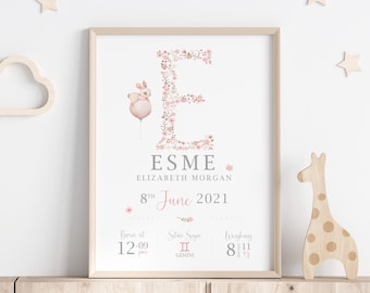 Personalised Floral Name Print | New Baby Girl Gift | Baby girls Decor | Bunny print | Nursery Wall Art | New Baby Keepsake gift
