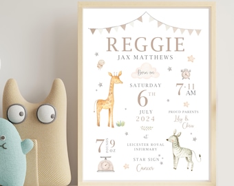 Personalized Birth Stats Print, Animal Nursery Art (PDF Option)