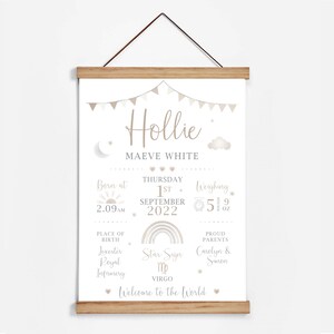 May include: A personalized baby birth announcement print with the name "Hollie" in a soft, elegant font. The print includes birth details such as date, time, weight (5 lbs 9 oz), and place of birth. The design features a neutral color palette with decorative elements.