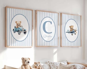 Set of 3 Personalised Teddy Bear Nursery Prints, Boys Nursery, Blue Bedroom Wall Art, Name Print