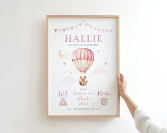 New Baby Girl Personalised Gift | Birth Details Print | Newborn Baby Keepsake | Hot Air Balloon Pink Teddy Bear Nursery Print