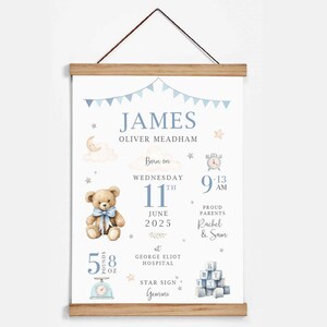 May include: A personalized baby birth announcement with the name "JAMES" in blue lettering. The poster includes the baby's birth date, time, weight (5 pounds 8 ounces), and star sign, along with a teddy bear illustration and wooden frame.