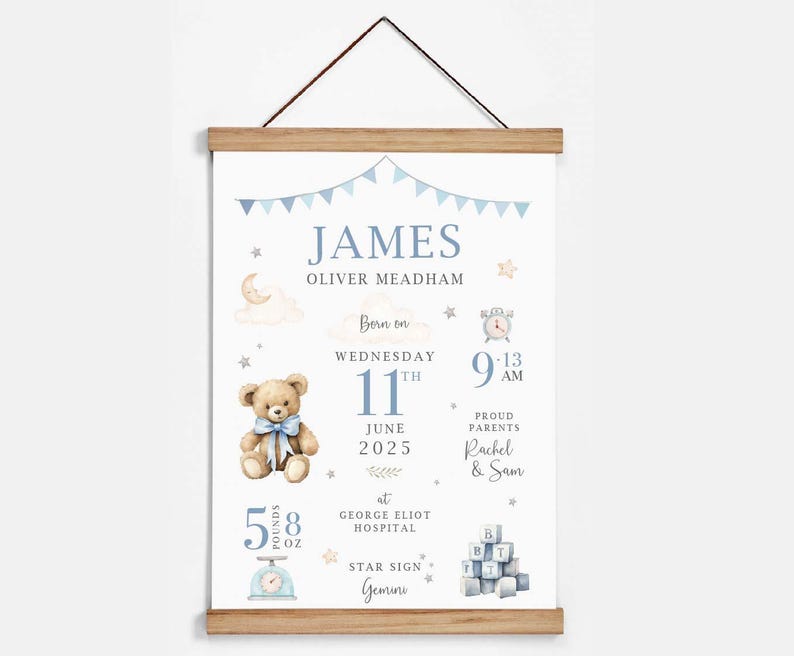 May include: A personalized baby birth announcement with the name "JAMES" in blue lettering. The poster includes the baby's birth date, time, weight (5 pounds 8 ounces), and star sign, along with a teddy bear illustration and wooden frame.