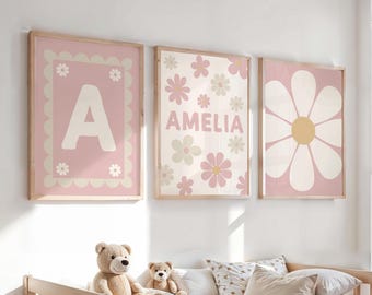 Set of 3 Personalised Nursery Prints, Name Print, Pink Floral Nursery Decor, Daisy Flower Child, Scandi Kids Prints, Girls Bedroom Wall Art