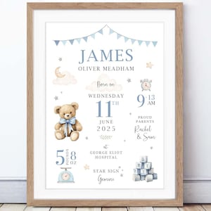 May include: A framed baby announcement print with a light wood frame. The print features a teddy bear, a scale showing 5 pounds 8 ounces, and the baby's name, James, with birth details in blue and white.