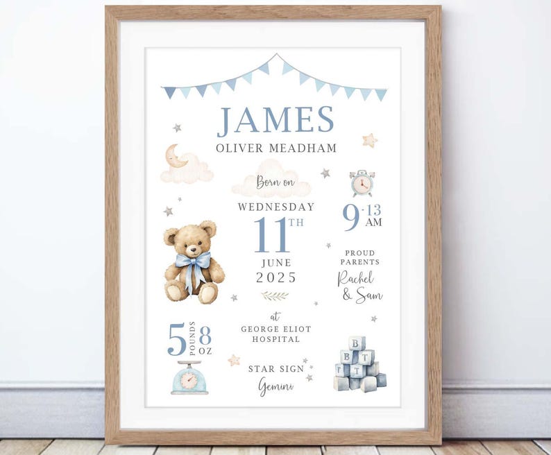 May include: A framed baby announcement print with a light wood frame. The print features a teddy bear, a scale showing 5 pounds 8 ounces, and the baby's name, James, with birth details in blue and white.
