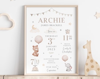 Personalised New Baby Gift, Baby Birth Stats Print, New Baby Keepsake, Teddy Bear Nursery Art Decor