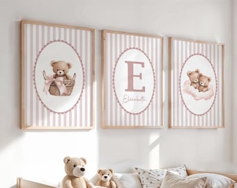 Set of 3 Personalised Teddy Bear Nursery Prints, Bedroom Wall Art, Pink Nursery Decor, Name Print