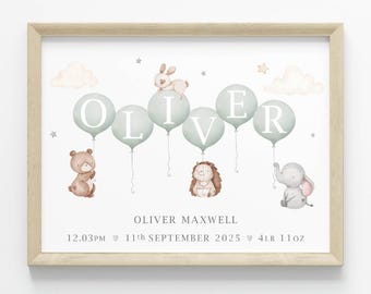 Quadro personalizado com animais para quarto de bebê, arte de parede com o nome do bebê, presente para recém-nascido
