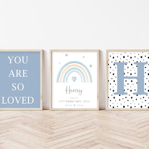 Set of 3 Boys Blue Personalised Nursery Prints, Monogram Letter, Rainbow Prints, Nursery Decor, Boys room prints, Boys Nursery