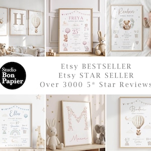 May include: A collection of framed nursery art prints featuring baby names, birth details, and decorative elements like hot air balloons and teddy bears. The prints are in neutral tones and are displayed in a room setting.