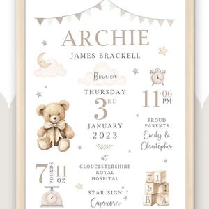 Personalised Teddy Bear Birth Print: New Baby Keepsake, Neutral Nursery Decor (Digital PDF Option Available) image 5