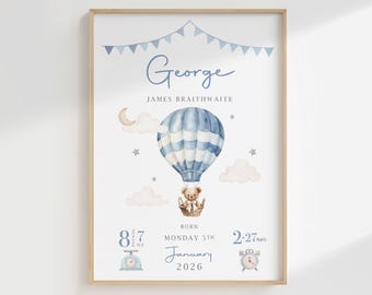 New Baby Boy Girl Personalised Gift | Teddy Bear Hot Air Balloon Nursery Print |  Birth Details Print | Newborn Baby Keepsake