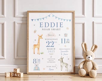 New Baby Personalised Gift | Birth Details Print | New Baby Keepsake Gift | Safari Animal Nursery Decor