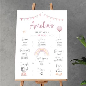 Könnte beinhalten: Ein personalisiertes Poster für das erste Lebensjahr mit dem Namen "Amelia's" auf einer Holzstaffelei. Es enthält Informationen wie "I can", "I love" und "I am". Es zeigt ein Gewicht von 512 Gramm und eine Größe von 73 cm.