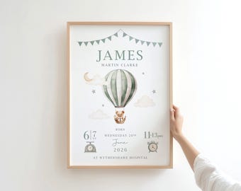 New Baby Boy Personalised Gift | Birth Details Print | Newborn Baby Keepsake | Sage Green Teddy Bear Nursery Print