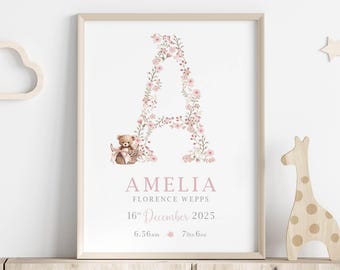 Pôster personalizado com inicial floral: pôster rosa com inicial e flor, decoração para quarto de bebê com ursinho de pelúcia.