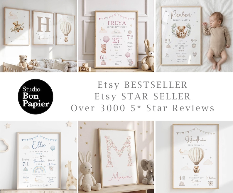 May include: A collection of framed nursery art prints featuring baby names, birth details, and decorative elements like hot air balloons and teddy bears. The prints are in neutral tones and are displayed in a room setting.