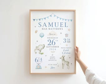 New Baby Personalised Gift | Birth Details Print | New Baby Keepsake Gift | Safari Animal Nursery Decor
