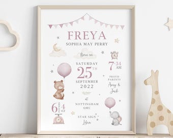 Personalised Baby Birth Stats Print, Pink Teddy Bear Nursery Decor (Digital Download)