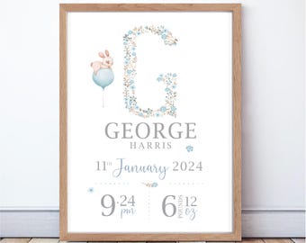 New Baby Personalised Print | Nursery Print | Boys Nursery | New Baby Gift | New Baby Boy | Personalised Print For Boys | Baby Boy Gift