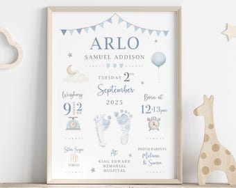 Gepersonaliseerd babycadeau; Print geboortedetails, nieuwe babyaandenken, kinderkamerdecoratie jongens, voetafdruk baby